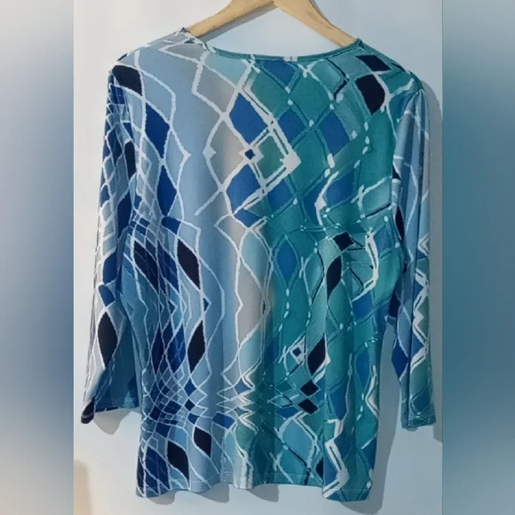 Allison Daley Large Blue Teal Abstract Geometric Blouse 3/4 Sleeve Knit Top L - Picture 4 of 7